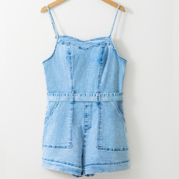 Denim Romper Shorts Sweetheart Sleeveless Belt Pocket Jean One-piece Jumpsuit - Picture 9 of 16